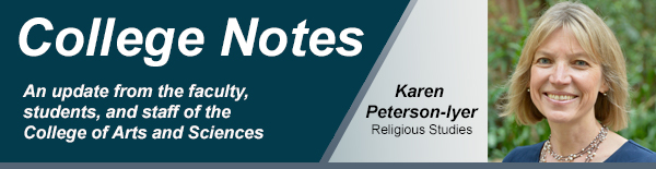 College notes header with Karen Peterson-Iyer from the religious studies department