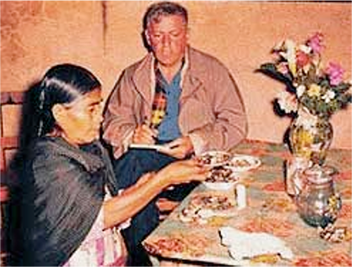 María Sabina and Robert Gordon Wasson at a table for a ceremony