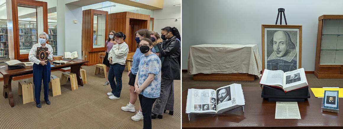 Students viewing a facsimilie of Shakespeare's First Folio at SCU's Library
