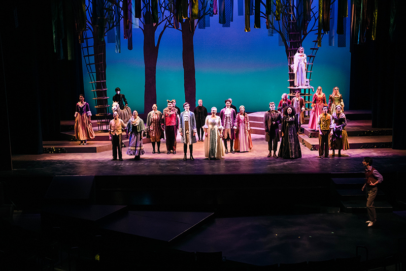Into The Woods cast on stage with narrator at bottom right.
