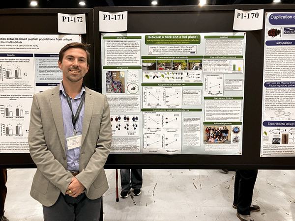Harvey Chilcott presenting a poster at the 2024 Society for Integrative and Comparative Biology meetings in Seattle WA