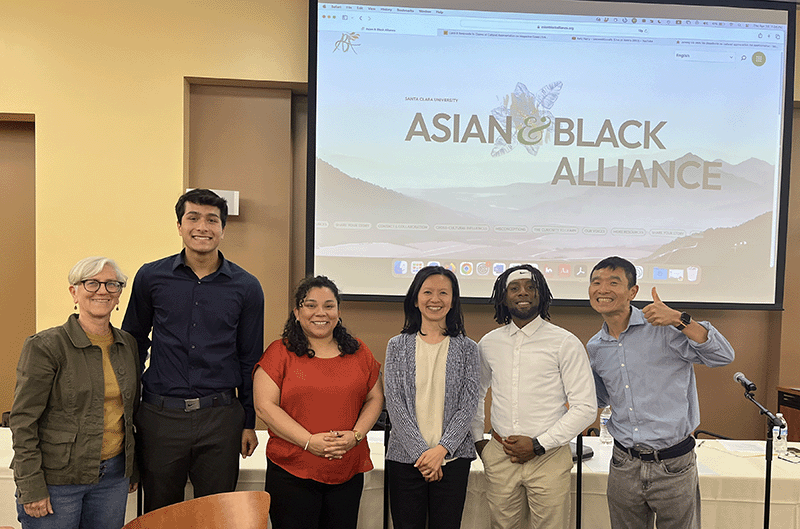 Left to right:  Michelle Burnham (English), Darrien Mitri ('26, Communication), Sonia Gomez (History), Hsin-I Cheng (Communication), Jose Kabeer (AIMS College Prep High School, Oakland), and  Hsin-hung (Sean) Yeh (Modern Languages and Literatures)