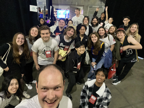 SCU Chamber Singers with Scot Hanna-Weir backstage at the Warriors game on November 16. As part of SCU Night at the Warriors, the Chamber Singers sang the National Anthem at center court before the game.