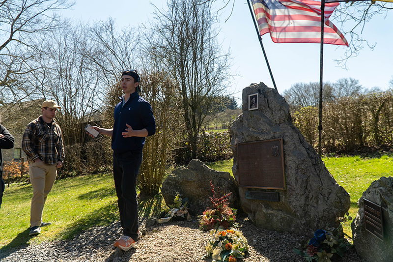 Dawson Rogers in Belgium at the site of a memorial to the 551st Parachute Infantry Battalion.