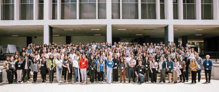 SCU Department of Chemistry and Biochemistry faculty and students outside American Chemical Society Northern California Undergraduate Research Symposium at San Jose State University