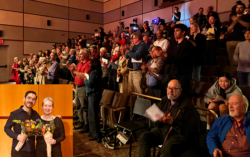 The audience applauds the performance of Tres minutos