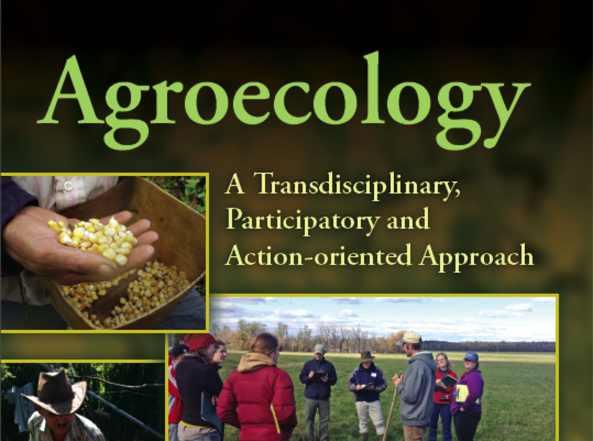 Agroecology book cover with farming, plants, and agricultural activities. image link to story
