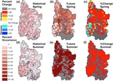Alt text: Six maps indicating river flow patterns and frequencies in different regions with color-coded legends.