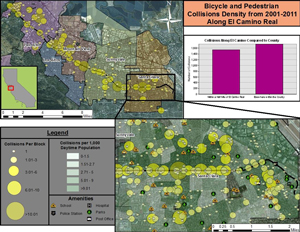 Map and charts illustrating walkability data and analysis for a specific urban area.