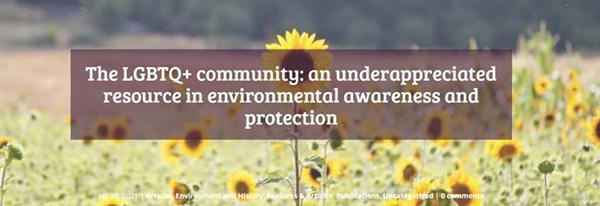 Sign reading Queer Voices of Environment: Creating Sustainable Connections, June 9, 2018 in a flower field.