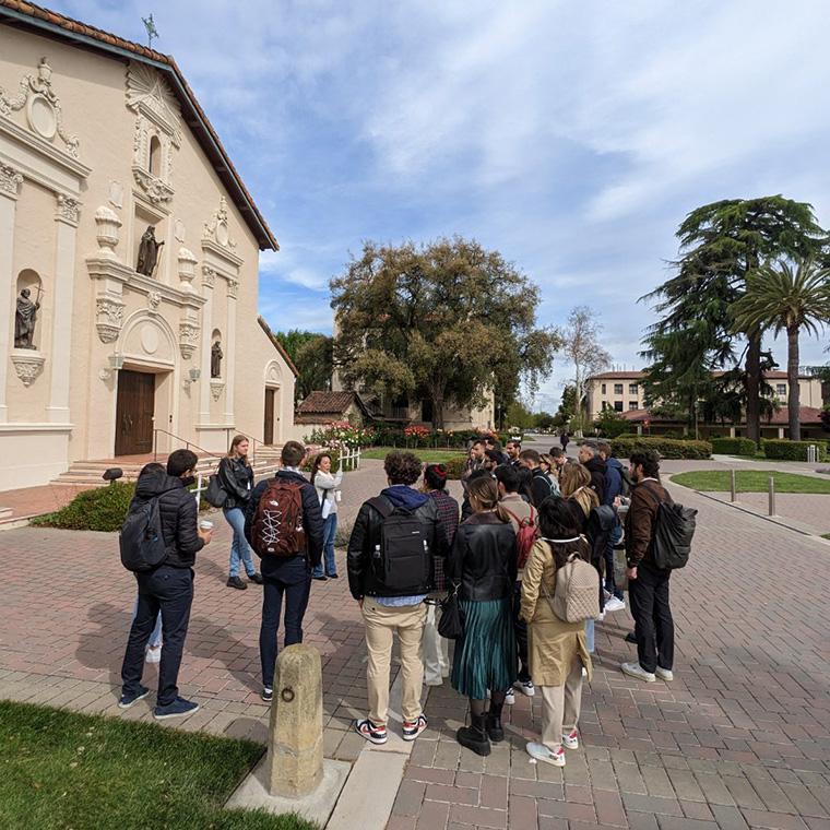 Amica Harris and students from Italy in front of Mission Santa Clara. image link to story