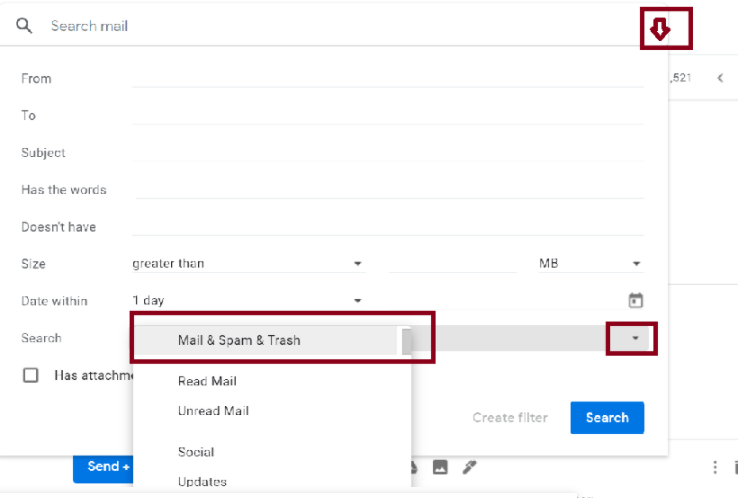 Screenshot showing how to search Mail and Spam and Trash in gmail