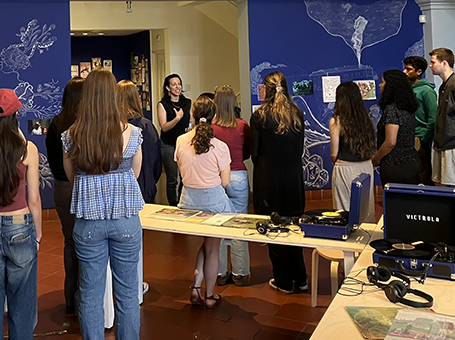 The Plague Archives artist Maya Gurantz with students in Sonja Mackenzies Public Health Senior Capstone class and Craig Stephens (Biology, Public Health) and Matthew Newsom Kerrs Difficult Dialogues: Infectious Disease and Human Society class.