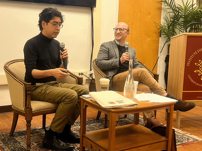 Daniel Morgan speaking with Professor Abhishek Kaicker at UC Berkeleys The Institute for South Asia Studies.