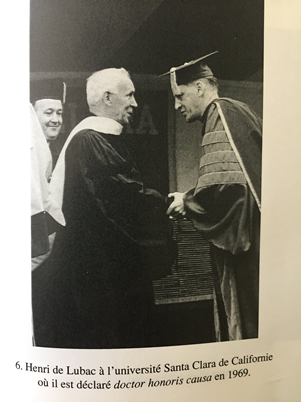 Black and white photo of Henri de Lubac at SCU ceremony in 1969.