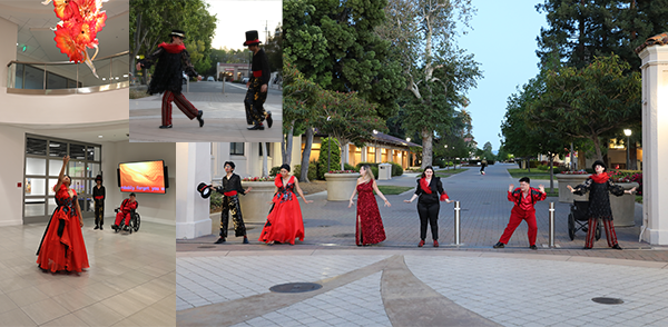 collage of overhead, a skylark called performance in SCU Dowd Art building lobby & out on the Arts Paseo