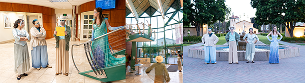 collage of overhead, a skylark called performance inside Vari Hall and by the SCU fountain