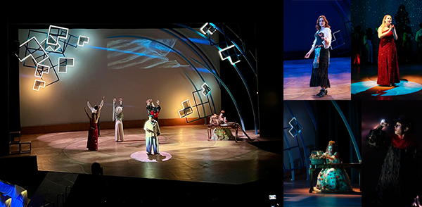 Scene from overhead, a skylark called in Mayer Theatre and 4 character insets