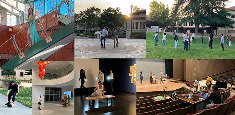 Collage of 7 shots from rehearsals of the new devised piece, overheard, a skylark called