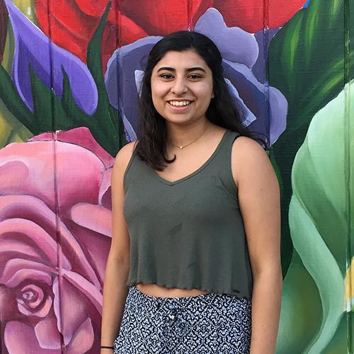 A person stands in front of a colorful flower mural. image link to story