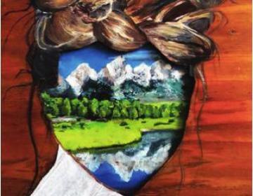 Alt text: Artwork of a tree trunk transforming into a mountain landscape within a human hand. image link to story