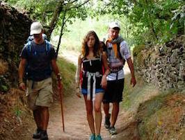 Three people walking down a shaded trail on the Camino de Santiago. image link to story