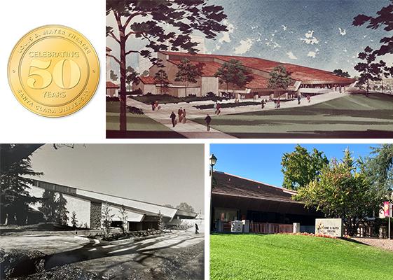 Top left Louis B Mayer Theatre 50th; top right artists rendering of the Louis B Mayer Theatre; bottom left black and white photo of the newly built Louis B Mayer Theatre; bottom right, Louis B Mayer Theatre in 2025 image link to story