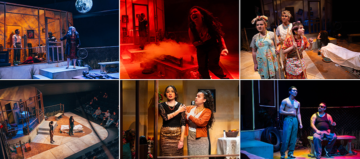 Collage of 6 scenes from Electricidad by Luis Alfaro