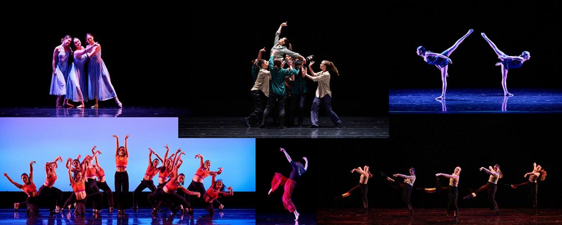 Collage of 6 images of dancers: 2 large groups, 2 small groups, a duet, a solo