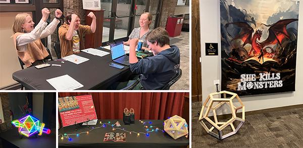 Collage of 4 photos of a DnD game, and lobby scale models of game dies in the game