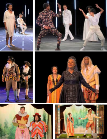 6 images of A Winter's Tale costume renderings and in performance at California Shakespeare, 2021