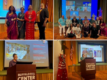 4 images of the Raising Native Voices: Power Shifts and Politics reflected in dress traditions talk at the September 2023 Costume Society of America Western Region sympsium