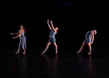 3 female dancers in pale blue side on to camera in different poses