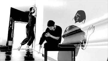Black & white dance film screenshot with 3 dancers