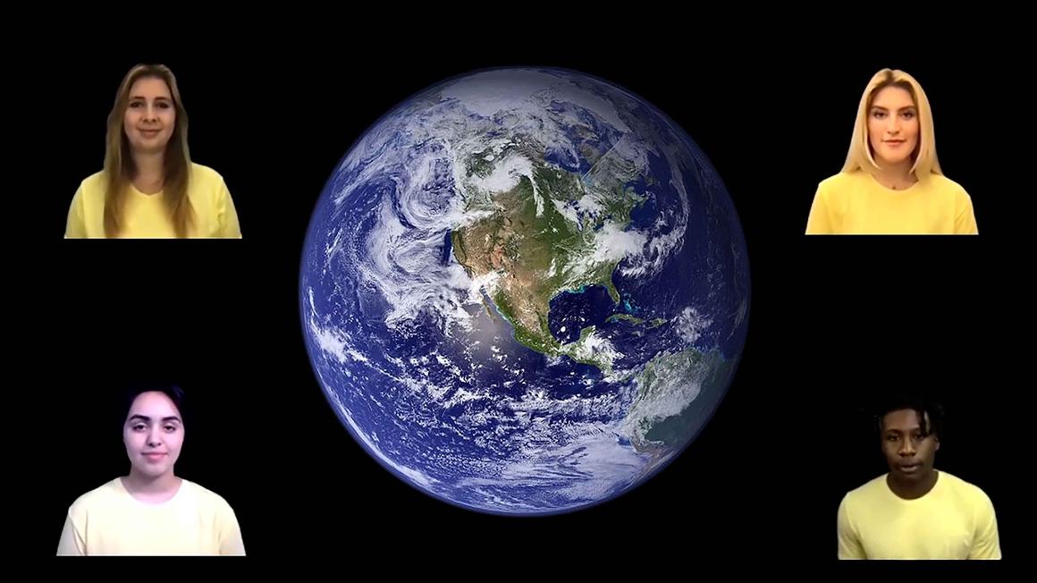 The Earth in space with 4 characters in each corner