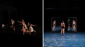 Split image with a female dancer reflected in 2 mirrors and 3 modern dancers in creamdresses reaching for a 4th dancer