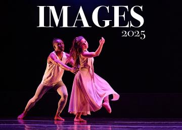 Modern dance couple in white costumes on a dark background with text Images 2025
