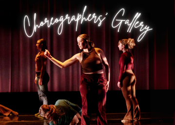 4 female dance students on stage with text in white script Choreographers Gallery above