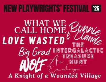Titles on new plays written in white on a red background