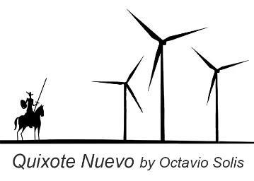 Silhouette of a small Don Quixote tilting at a 21st Century windfarm 