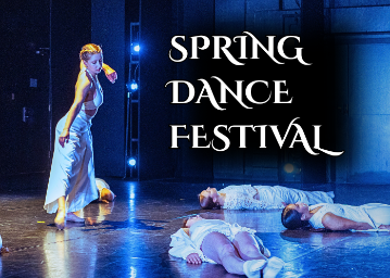 1 female dancer in white standing and 2 lying on the stage in blue light with white text Spring Dance Festival