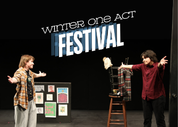 A male student on the left shrugging his shoulders, a female student has just entered through a door with armes outstretched, and white text above