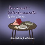 A wooden table with a bunch of roses and a fish and a plate with a rock on it and the text Impromptu Entertainments written above in black