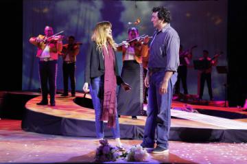 Aléxa Anderson, left, and Bernardo Bermudez with members of Mariachi Azteca in “Cruzar la Cara de la Luna” at West Edge Opera. Credit Cory Weaver/West Edge Opera image link to story