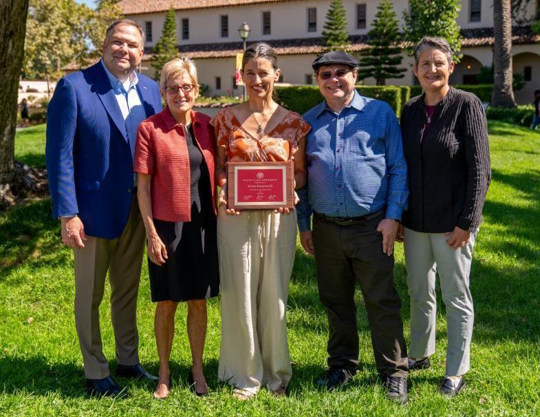 Faculty Senate Professor 2023 Kristin Kusanovich with SCU President and Provosts image link to story