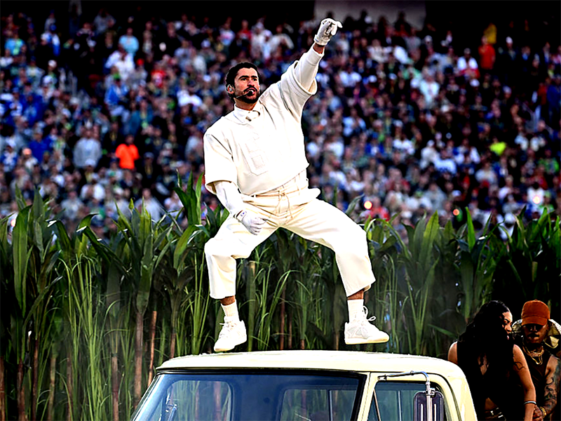 Puerto Rican singer Bad Bunny performs during Super Bowl LX Patriots vs Seahawks Apple Music Halftime Show at Levi's Stadium in Santa Clara, California on February 8, 2026. (JOSH EDELSON / AFP via Getty Images)