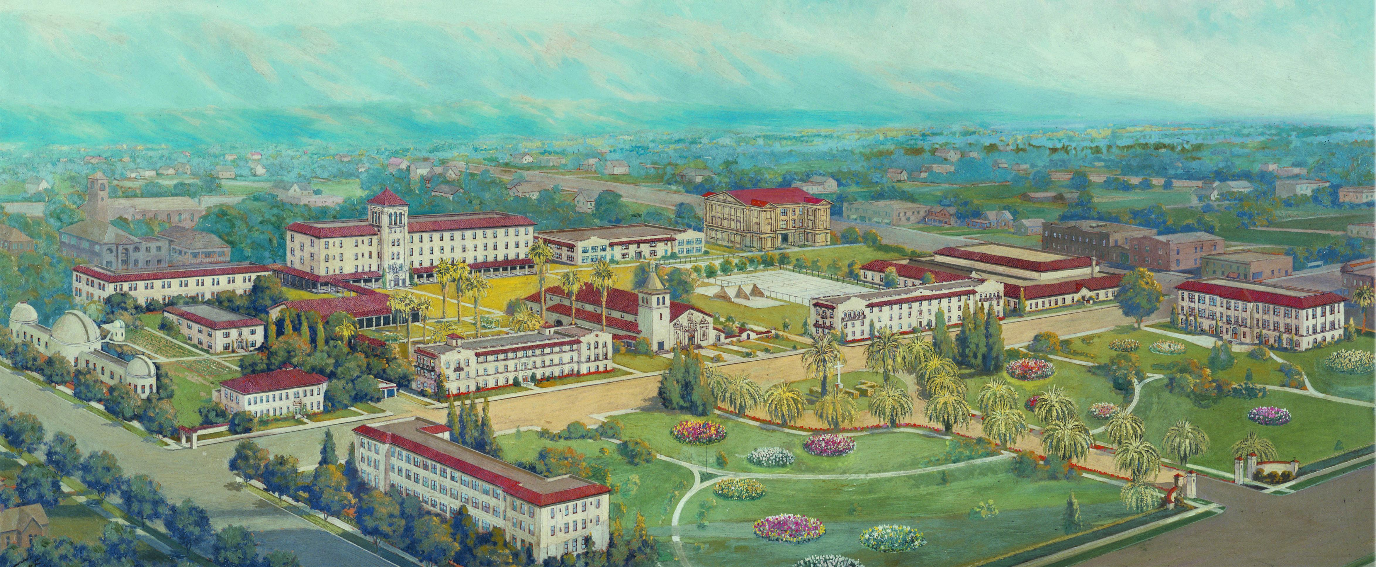 A painting showing Santa Clara's campus as it was in the 1930s.