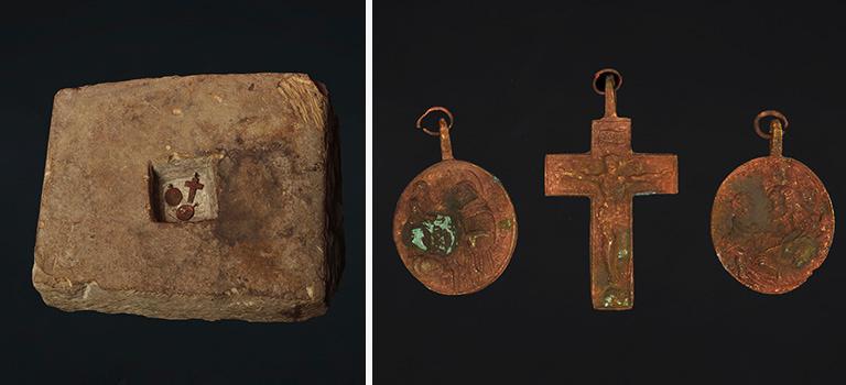 Cornerstone from third mission site and photograph of its contents--two metal coins and a cross.