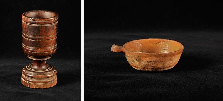 Wooden goblet and terracotta bowl.