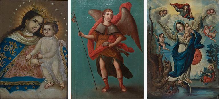 Mission-era paintings of Catholic saints.